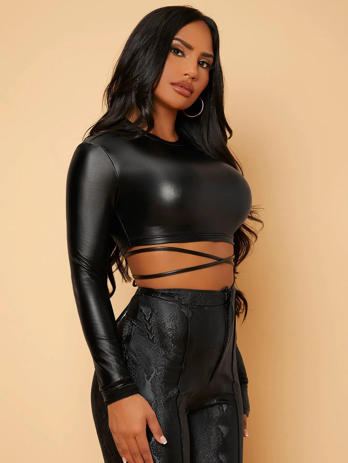 Tie Back PU Leather Crop Top