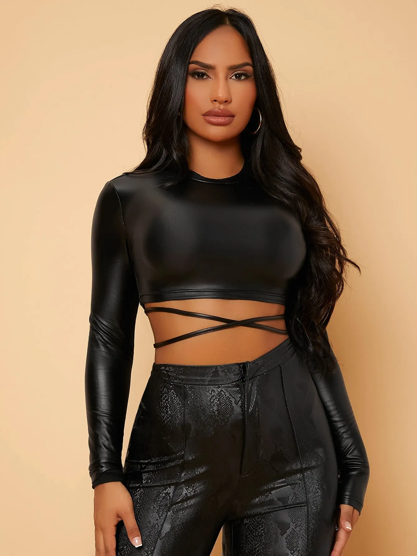 Tie Back PU Leather Crop Top