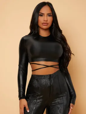 Tie Back PU Leather Crop Top