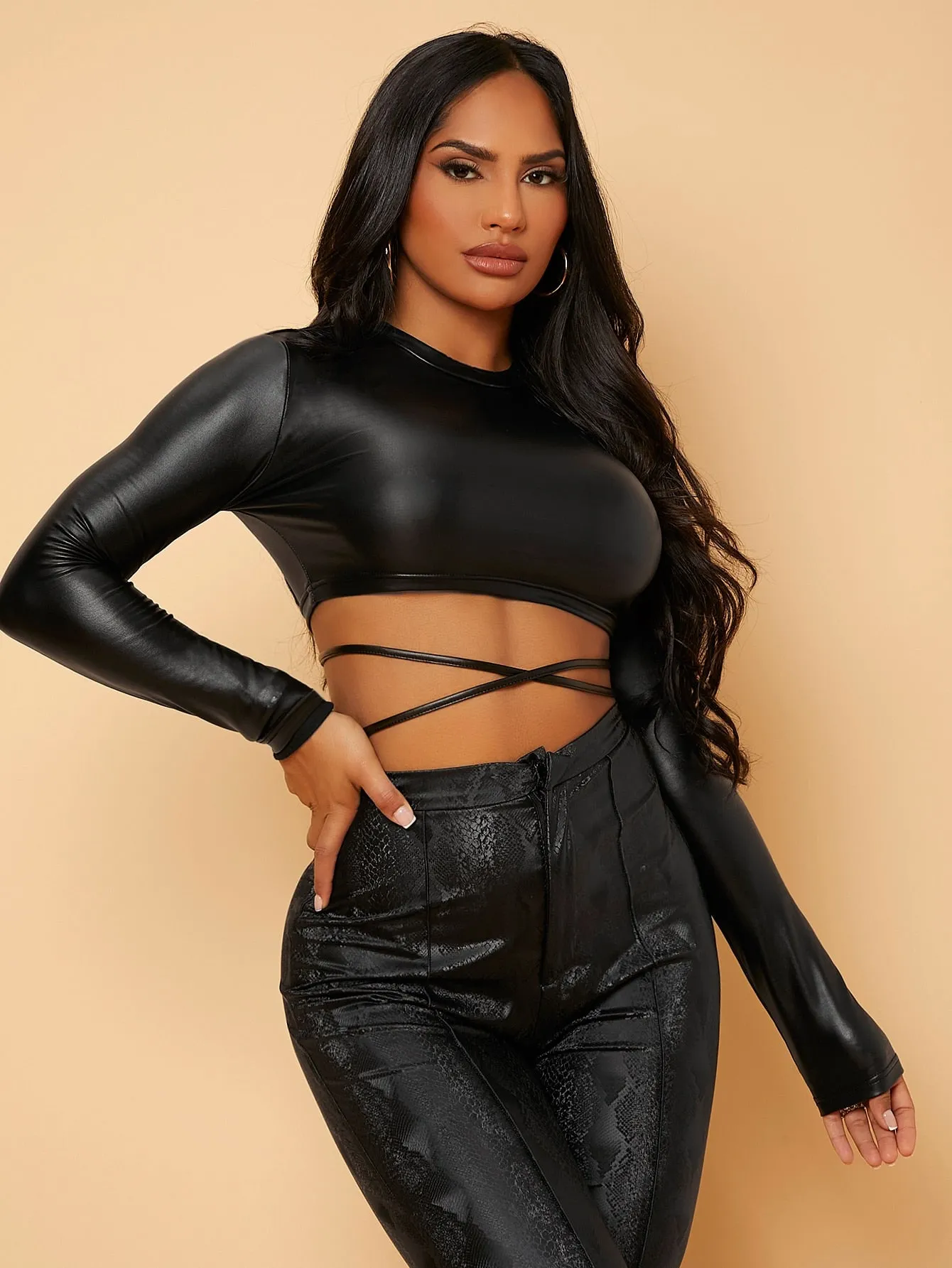 Tie Back PU Leather Crop Top