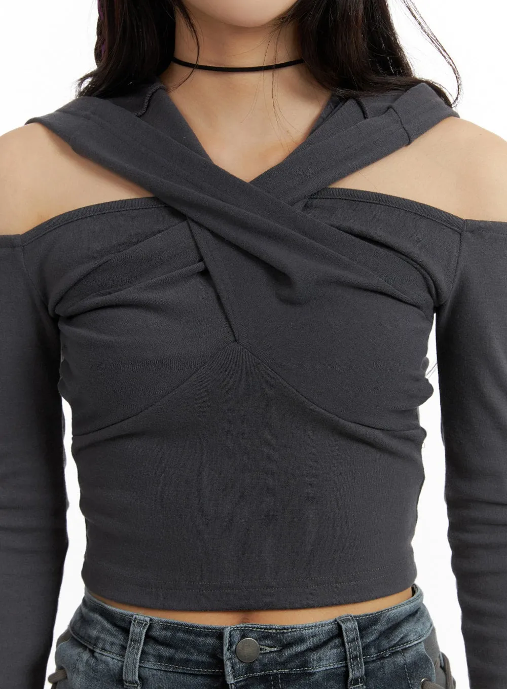 Twist Neck Hooded Crop Top IM405