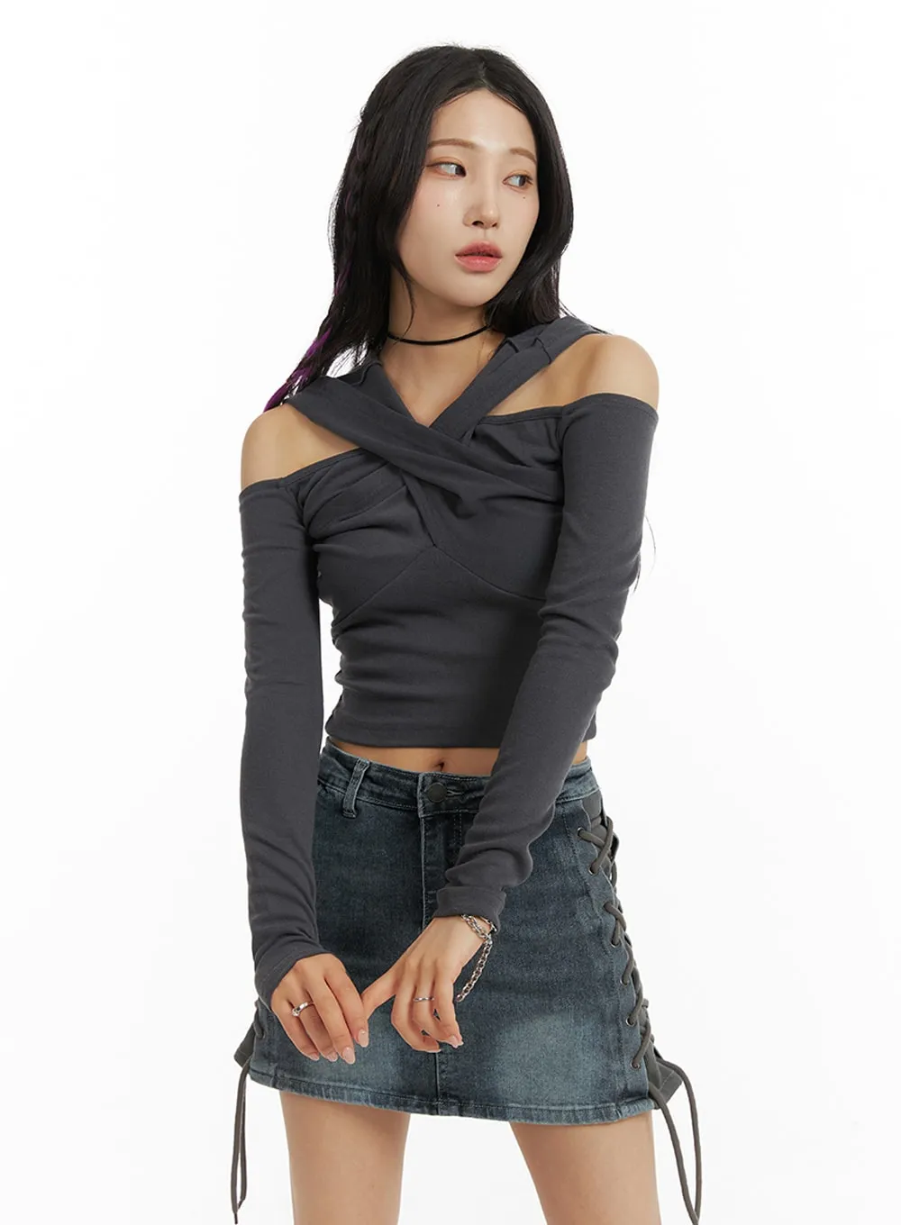 Twist Neck Hooded Crop Top IM405