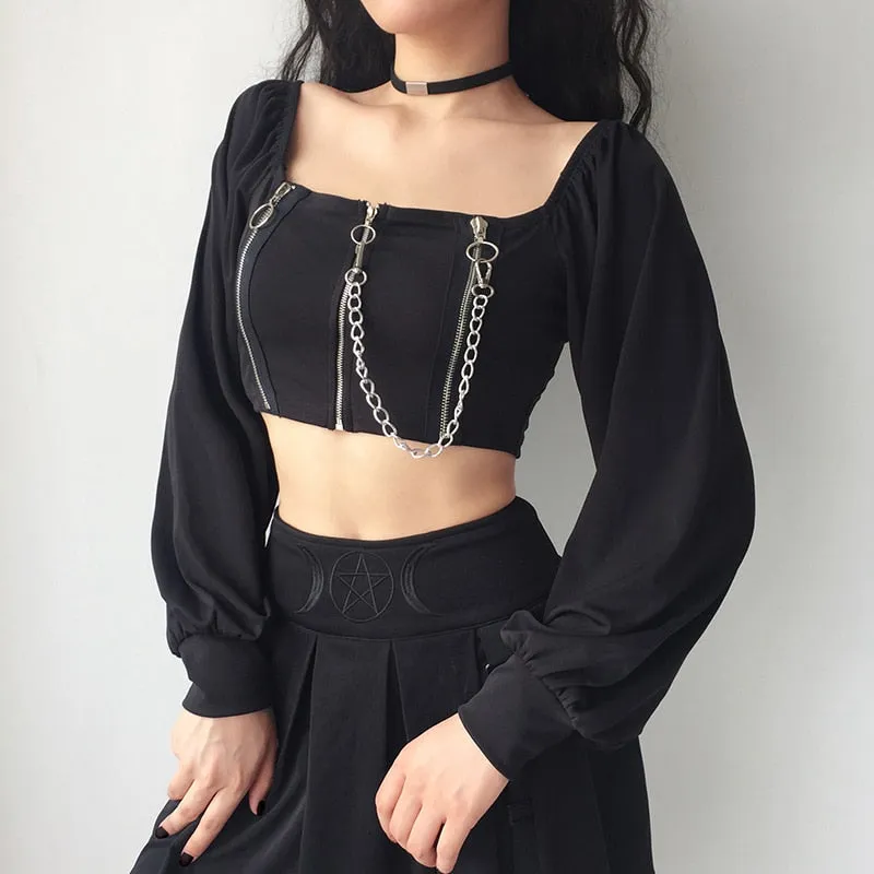 Vintage Off Shoulder Gothic Zipper Chain Crop Top