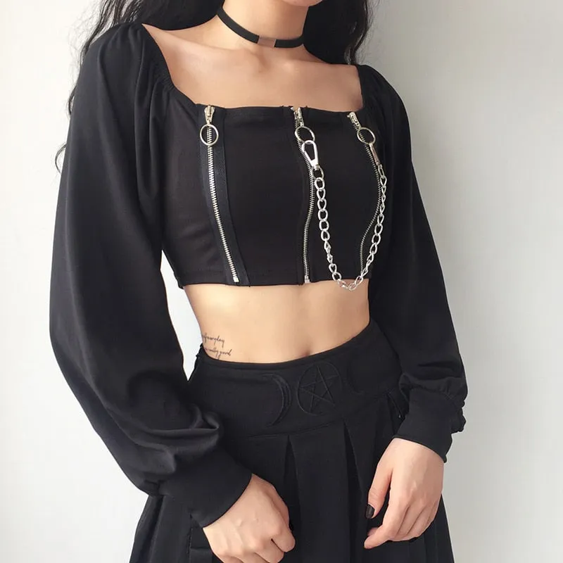 Vintage Off Shoulder Gothic Zipper Chain Crop Top