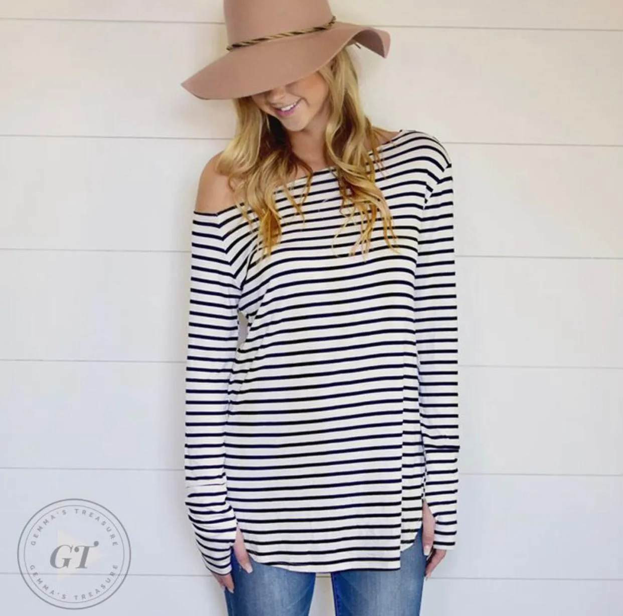 White & Black Off Shoulder/ Thumbhole Top