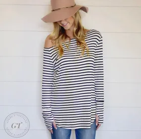 White & Black Off Shoulder/ Thumbhole Top