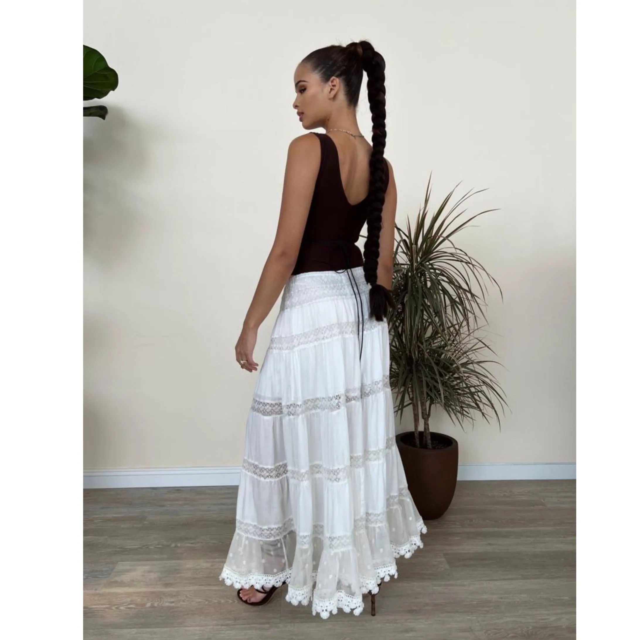 White Cotton and Lace  Maxi Skirt