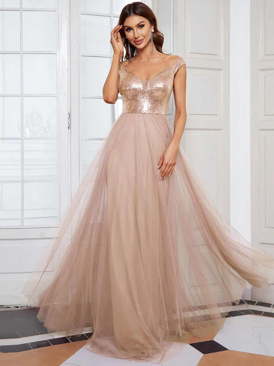 Wholesale Off Shoulder Tulle & Sequin Sleeveless Evening Dress