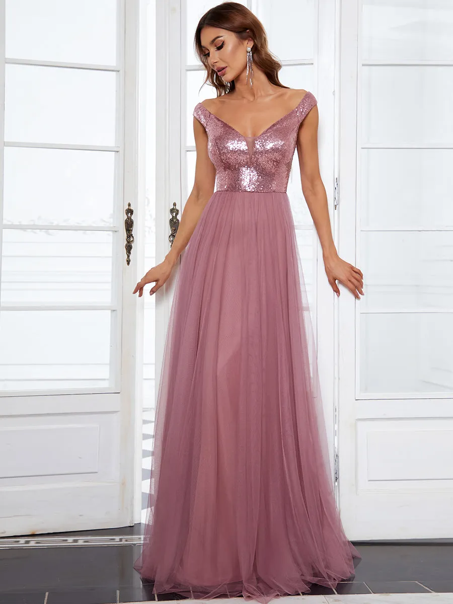 Wholesale Off Shoulder Tulle & Sequin Sleeveless Evening Dress