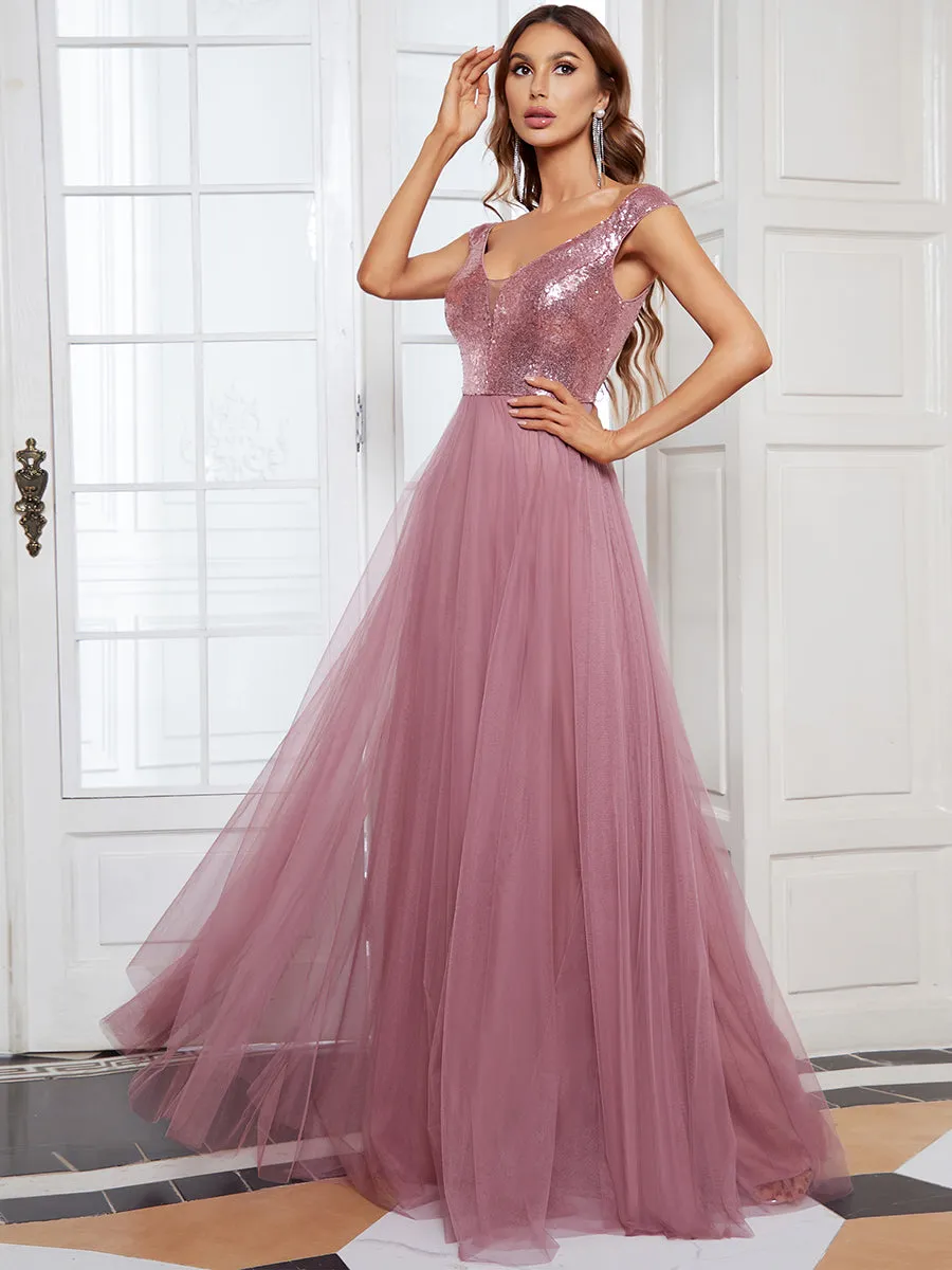 Wholesale Off Shoulder Tulle & Sequin Sleeveless Evening Dress