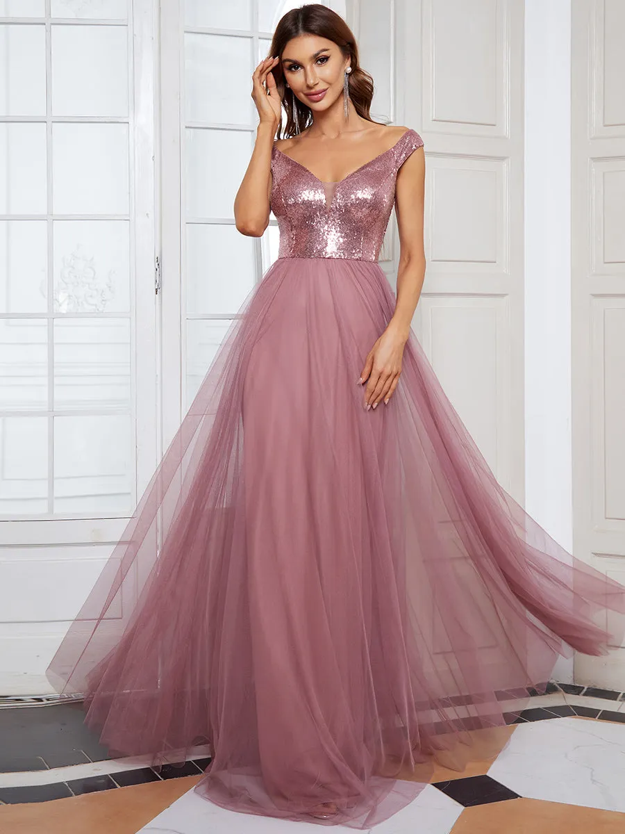 Wholesale Off Shoulder Tulle & Sequin Sleeveless Evening Dress