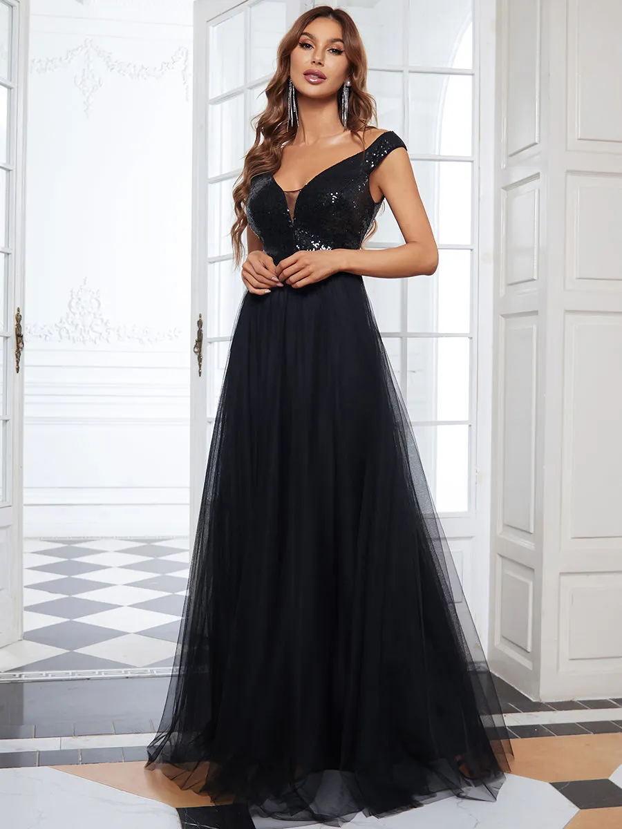 Wholesale Off Shoulder Tulle & Sequin Sleeveless Evening Dress