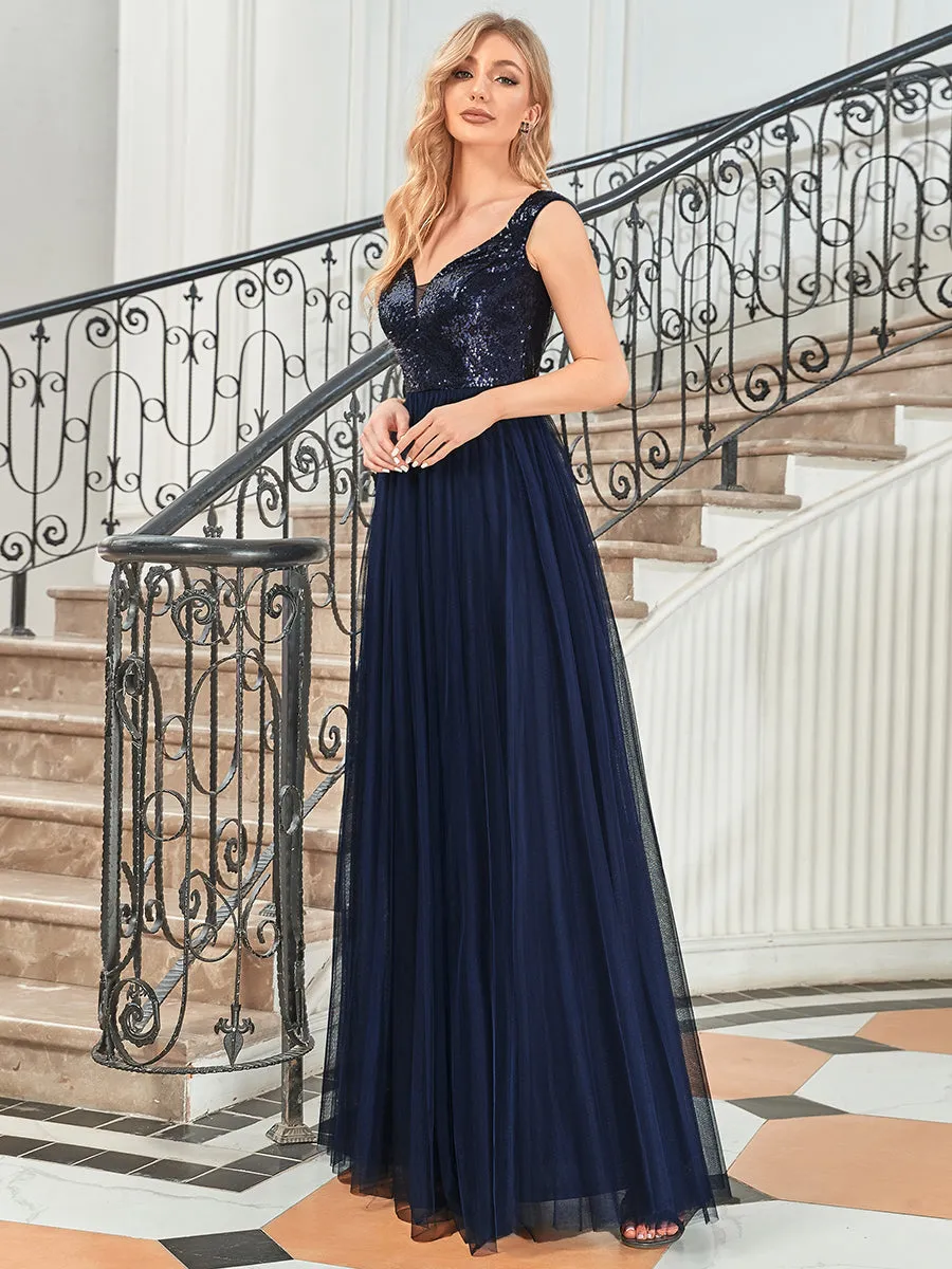 Wholesale Off Shoulder Tulle & Sequin Sleeveless Evening Dress