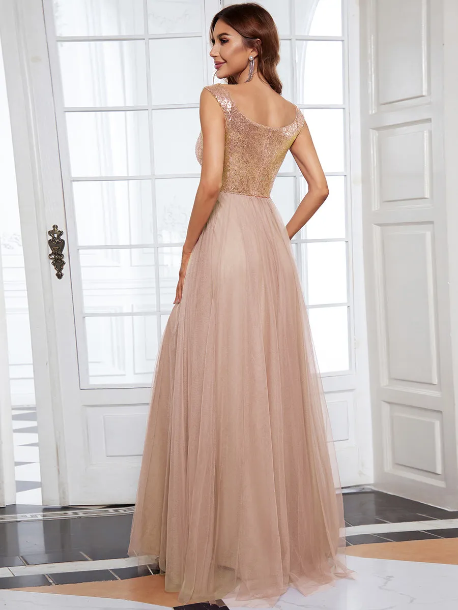 Wholesale Off Shoulder Tulle & Sequin Sleeveless Evening Dress