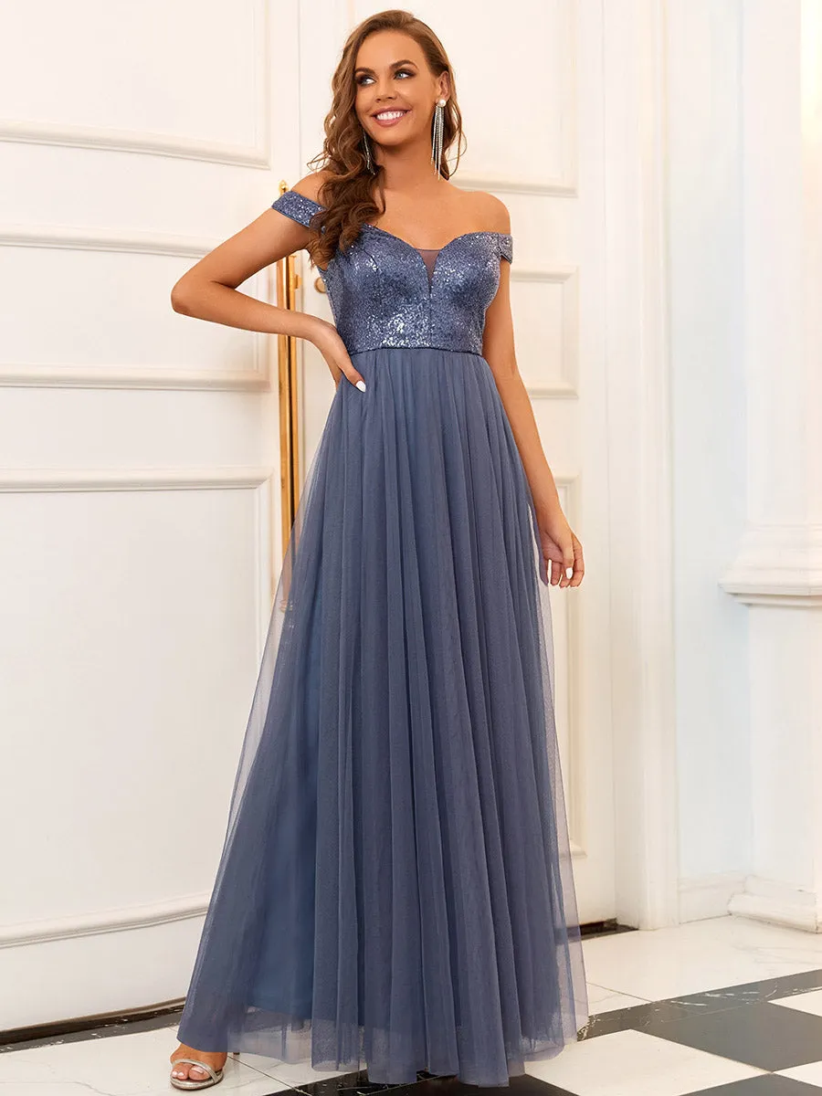 Wholesale Off Shoulder Tulle & Sequin Sleeveless Evening Dress