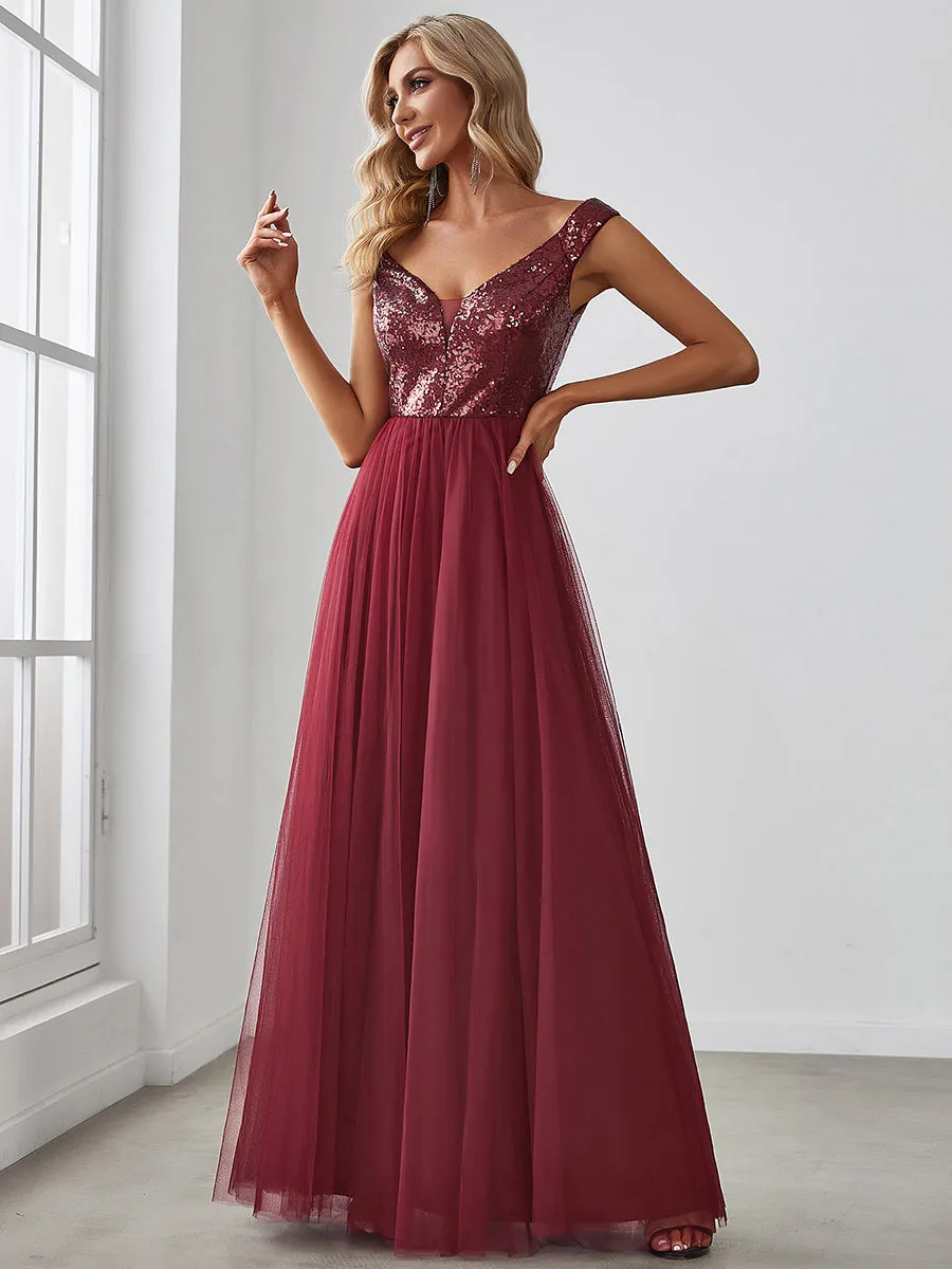 Wholesale Off Shoulder Tulle & Sequin Sleeveless Evening Dress