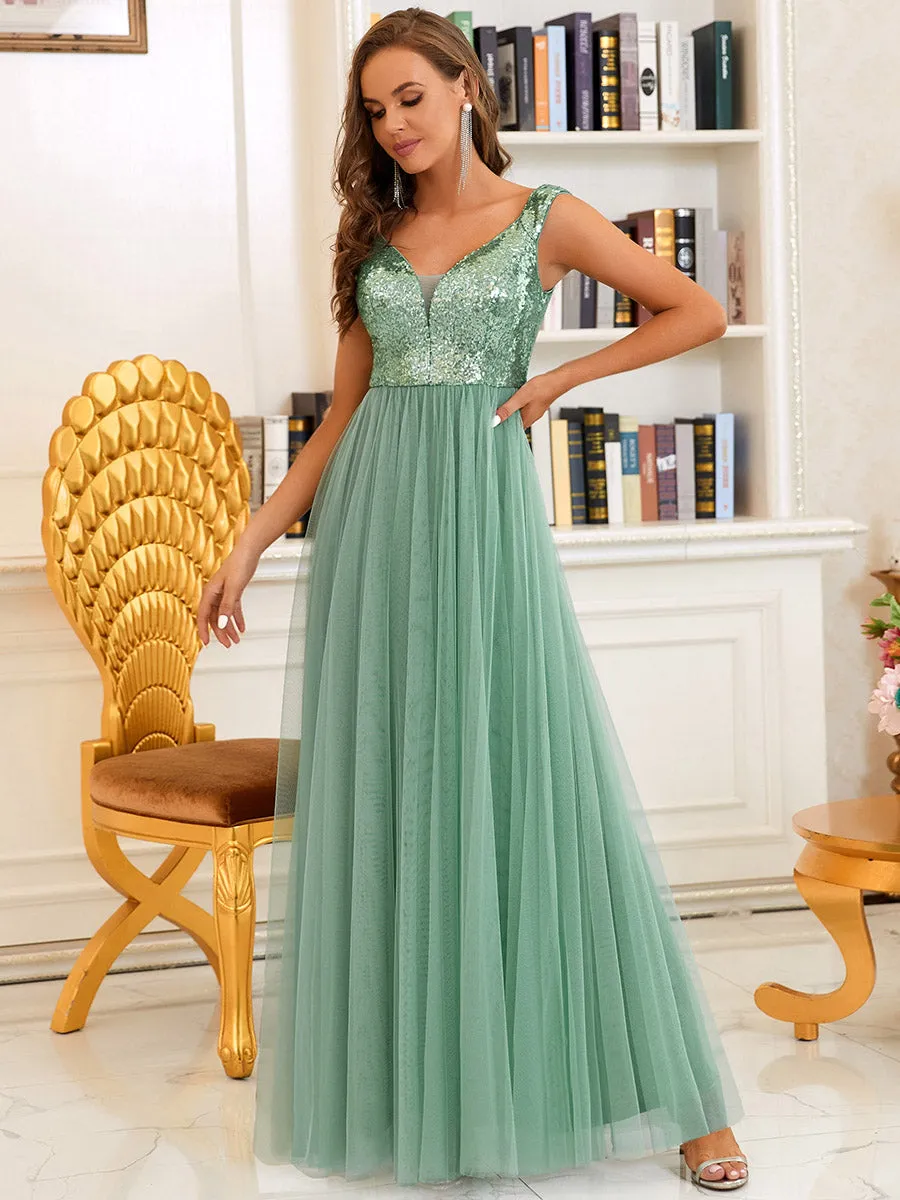 Wholesale Off Shoulder Tulle & Sequin Sleeveless Evening Dress