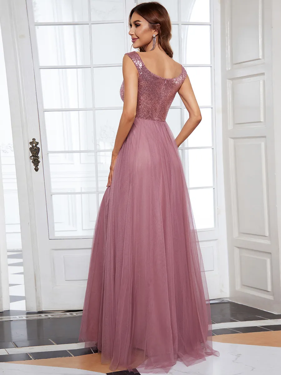 Wholesale Off Shoulder Tulle & Sequin Sleeveless Evening Dress