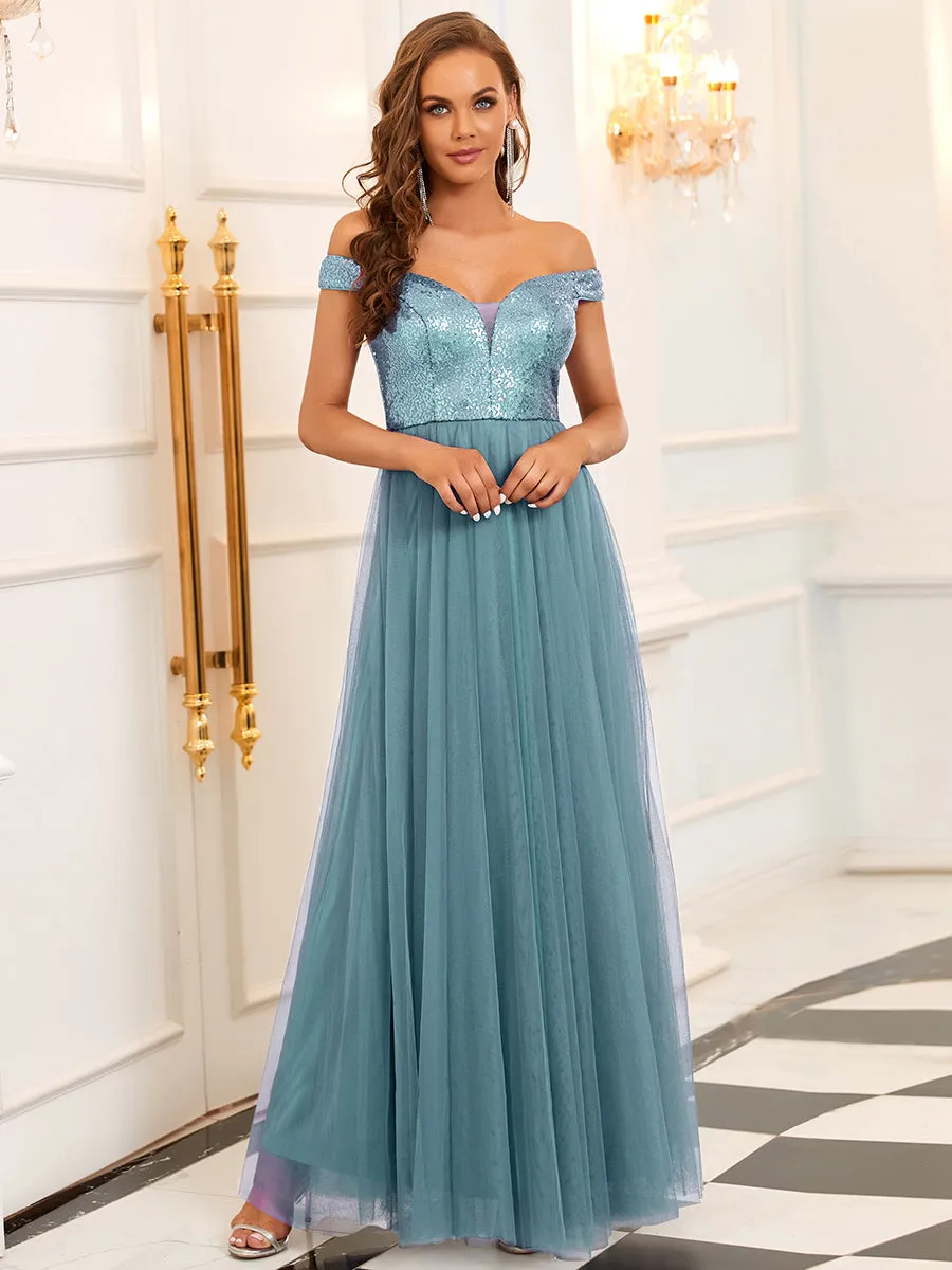 Wholesale Off Shoulder Tulle & Sequin Sleeveless Evening Dress