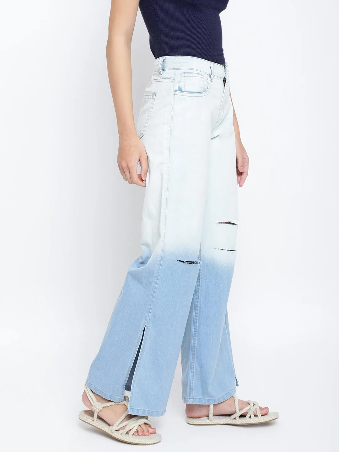 Women Blue Distressed Flared Jeans