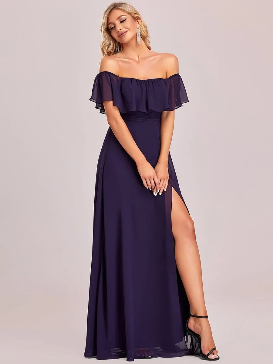 Women's Off Shoulder Ruffle Thigh Slit Bridesmaid Dresses