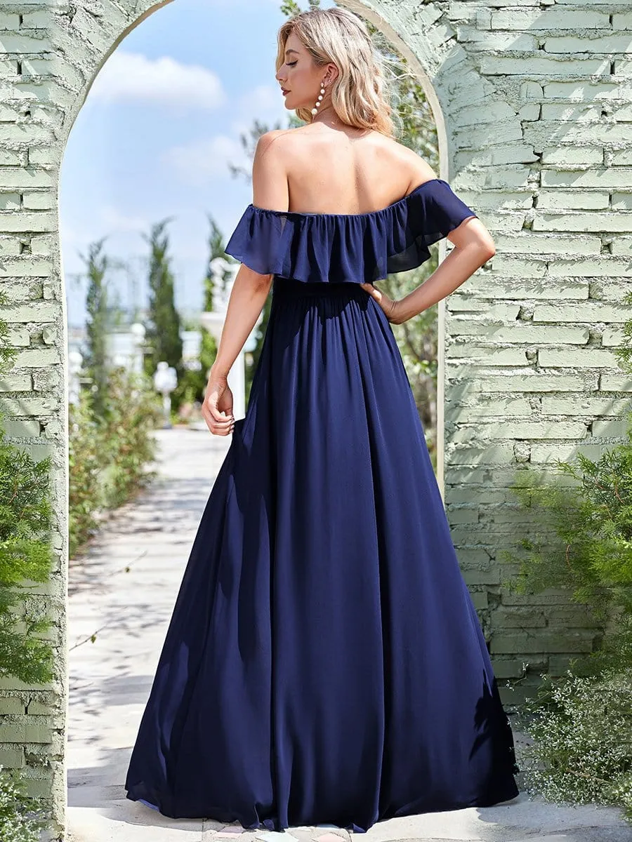 Women's Off Shoulder Ruffle Thigh Slit Bridesmaid Dresses