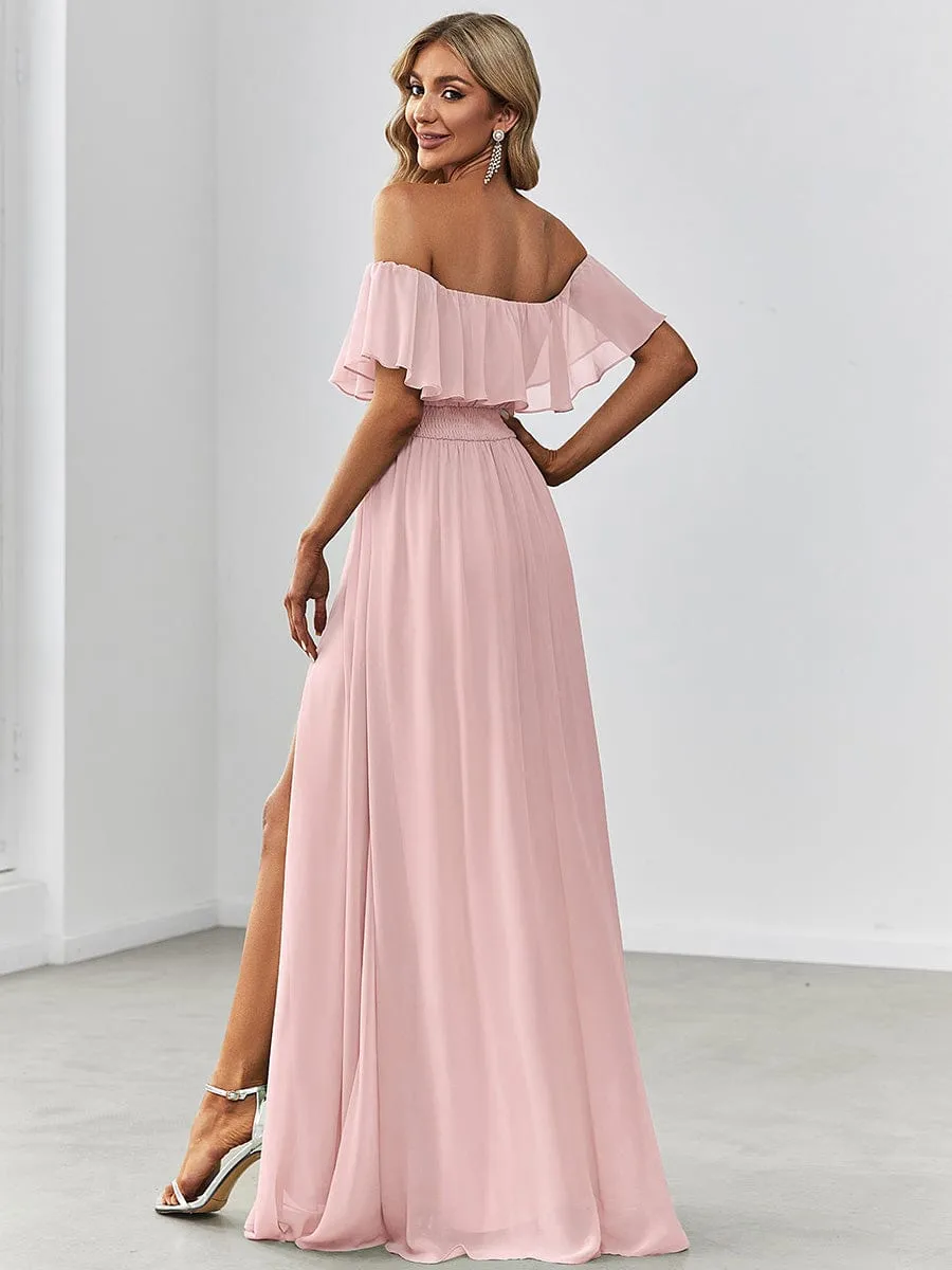 Women's Off Shoulder Ruffle Thigh Slit Bridesmaid Dresses