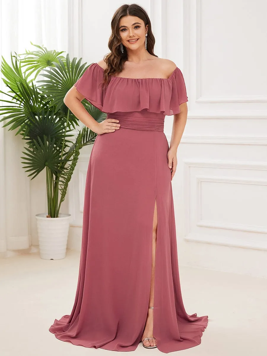 Women's Off Shoulder Ruffle Thigh Slit Bridesmaid Dresses