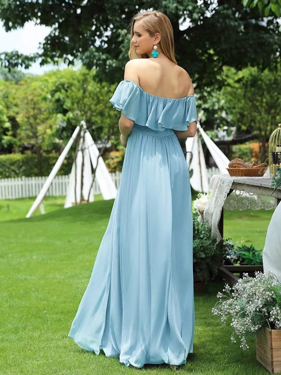 Women's Off Shoulder Ruffle Thigh Slit Bridesmaid Dresses