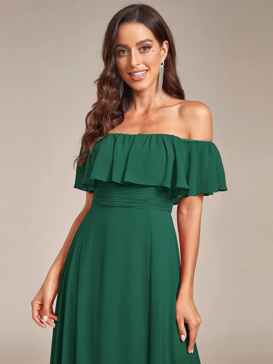 Women's Off Shoulder Ruffle Thigh Slit Bridesmaid Dresses