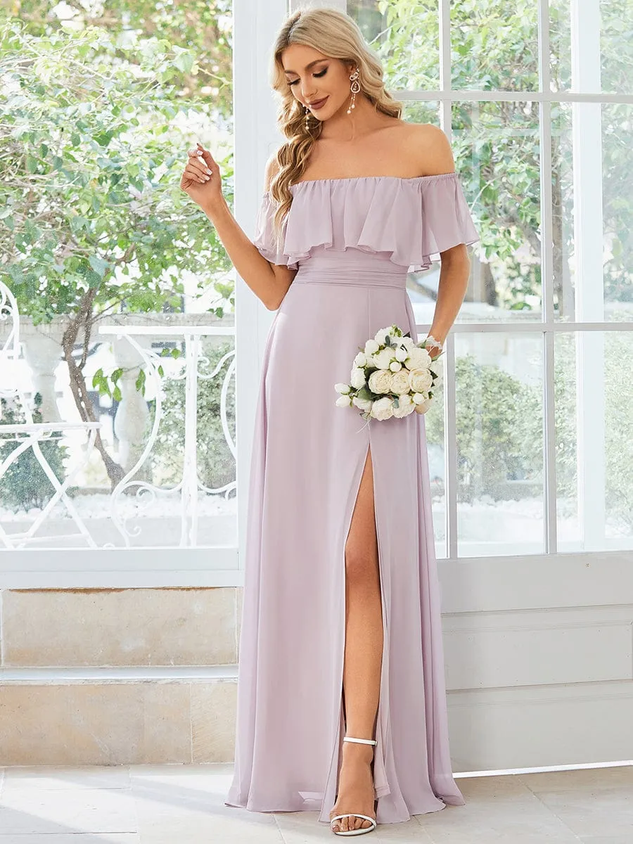 Women's Off Shoulder Ruffle Thigh Slit Bridesmaid Dresses