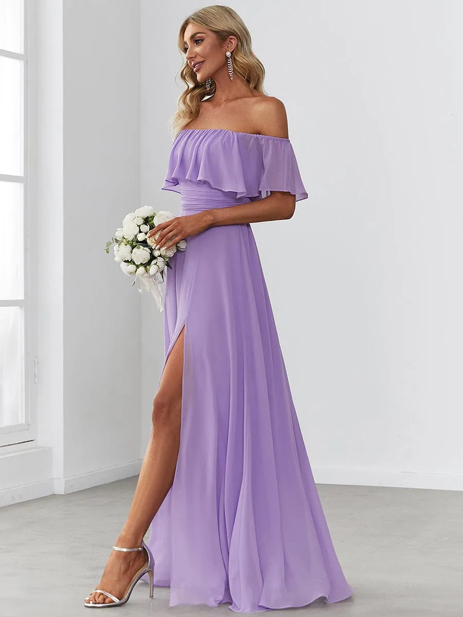 Women's Off Shoulder Ruffle Thigh Slit Bridesmaid Dresses