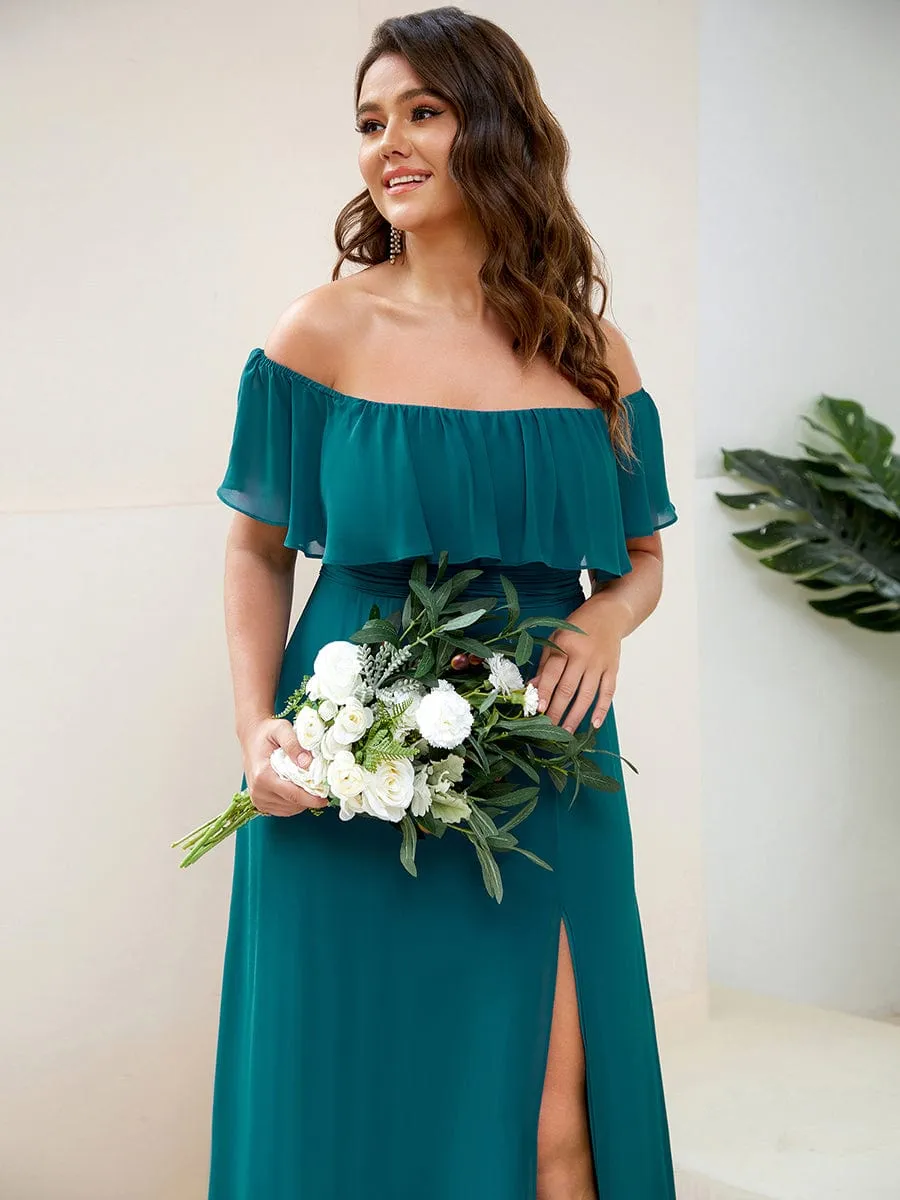 Women's Off Shoulder Ruffle Thigh Slit Bridesmaid Dresses