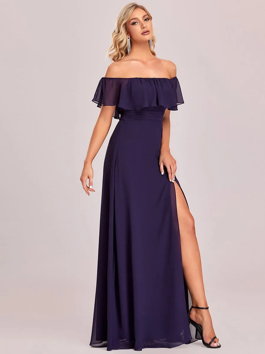 Women's Off Shoulder Ruffle Thigh Slit Bridesmaid Dresses