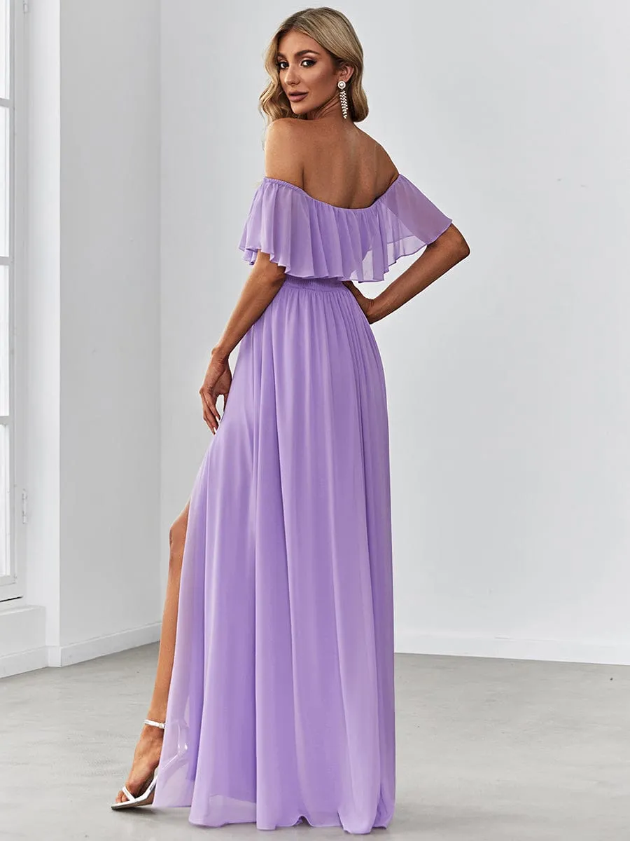 Women's Off Shoulder Ruffle Thigh Slit Bridesmaid Dresses