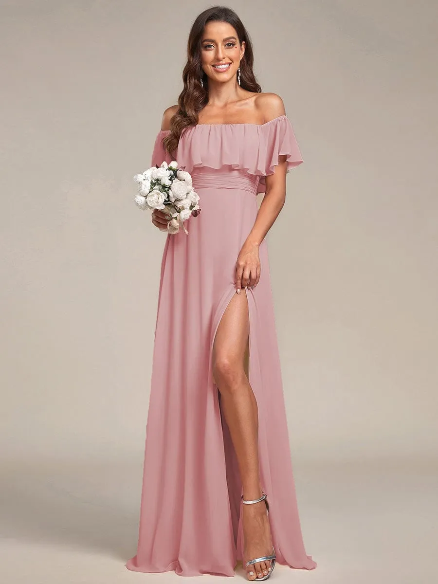 Women's Off Shoulder Ruffle Thigh Slit Bridesmaid Dresses