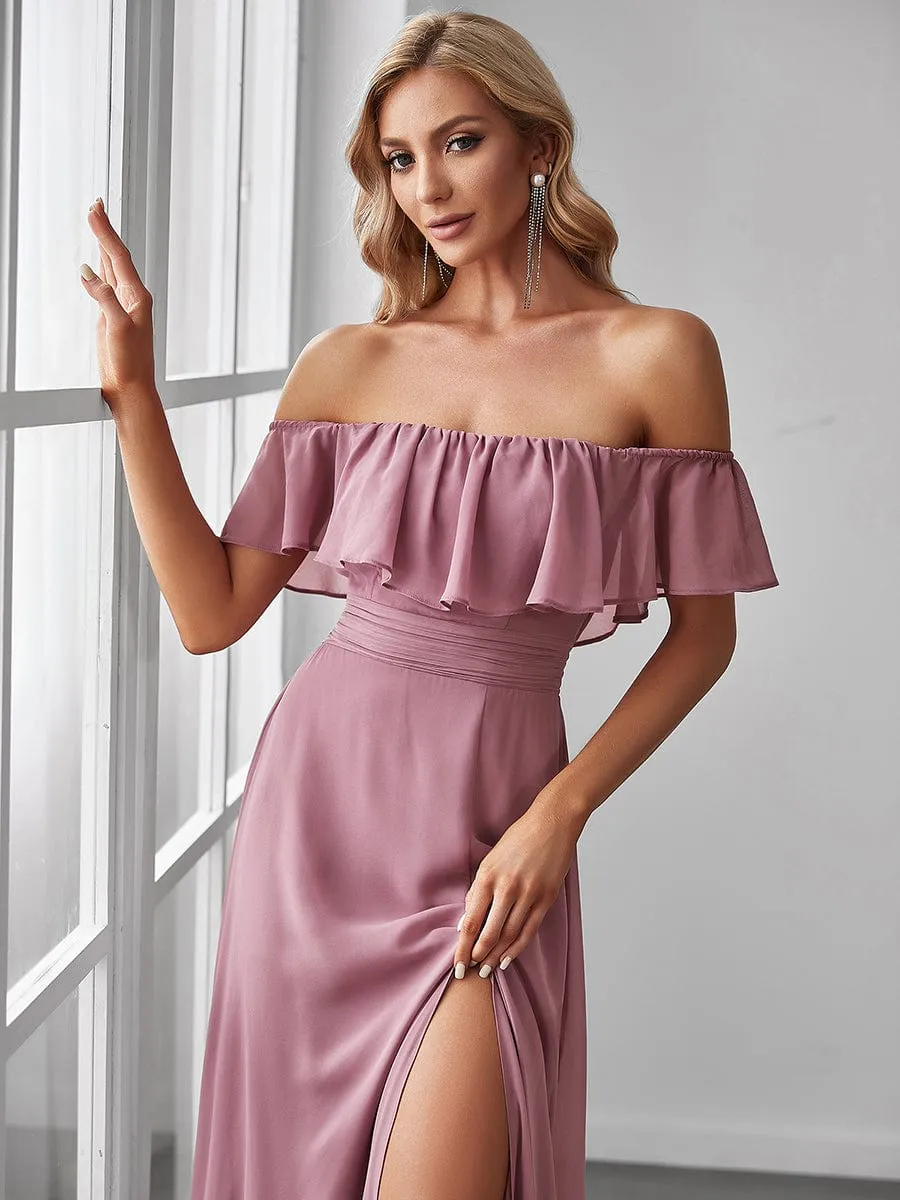 Women's Off Shoulder Ruffle Thigh Slit Bridesmaid Dresses