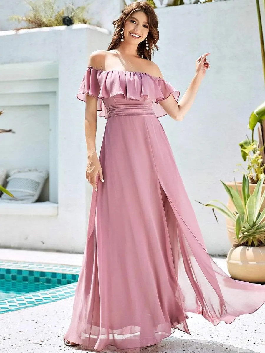 Women's Off Shoulder Ruffle Thigh Slit Bridesmaid Dresses