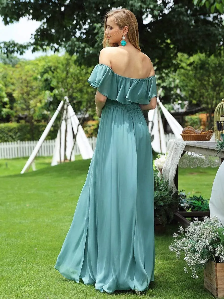 Women's Off Shoulder Ruffle Thigh Slit Bridesmaid Dresses