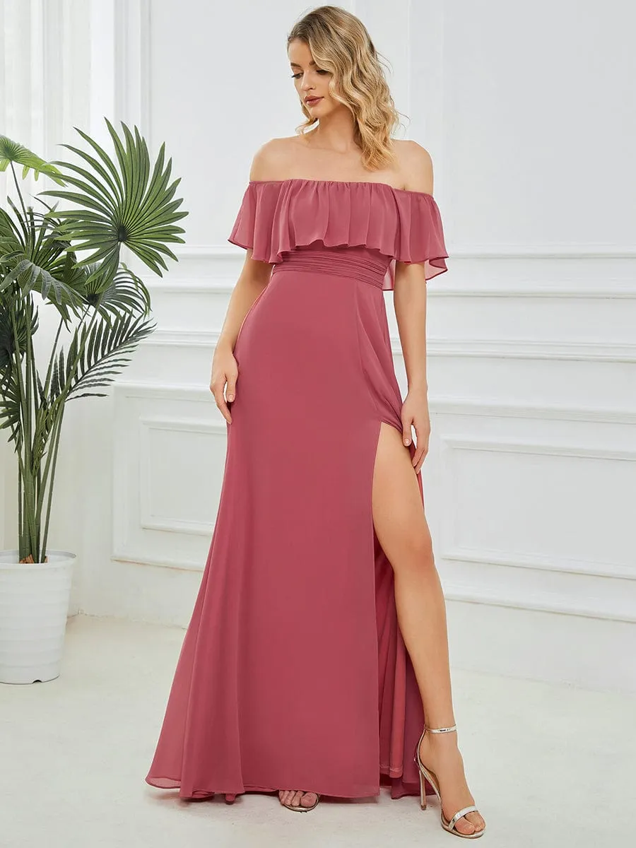 Women's Off Shoulder Ruffle Thigh Slit Bridesmaid Dresses