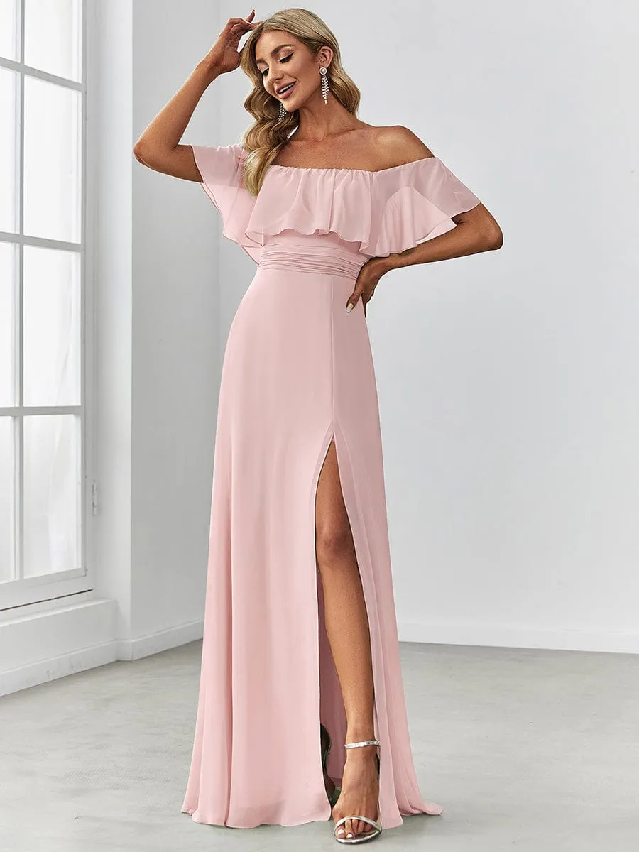 Women's Off Shoulder Ruffle Thigh Slit Bridesmaid Dresses