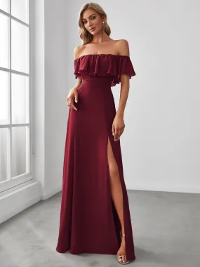 Women's Off Shoulder Ruffle Thigh Slit Bridesmaid Dresses