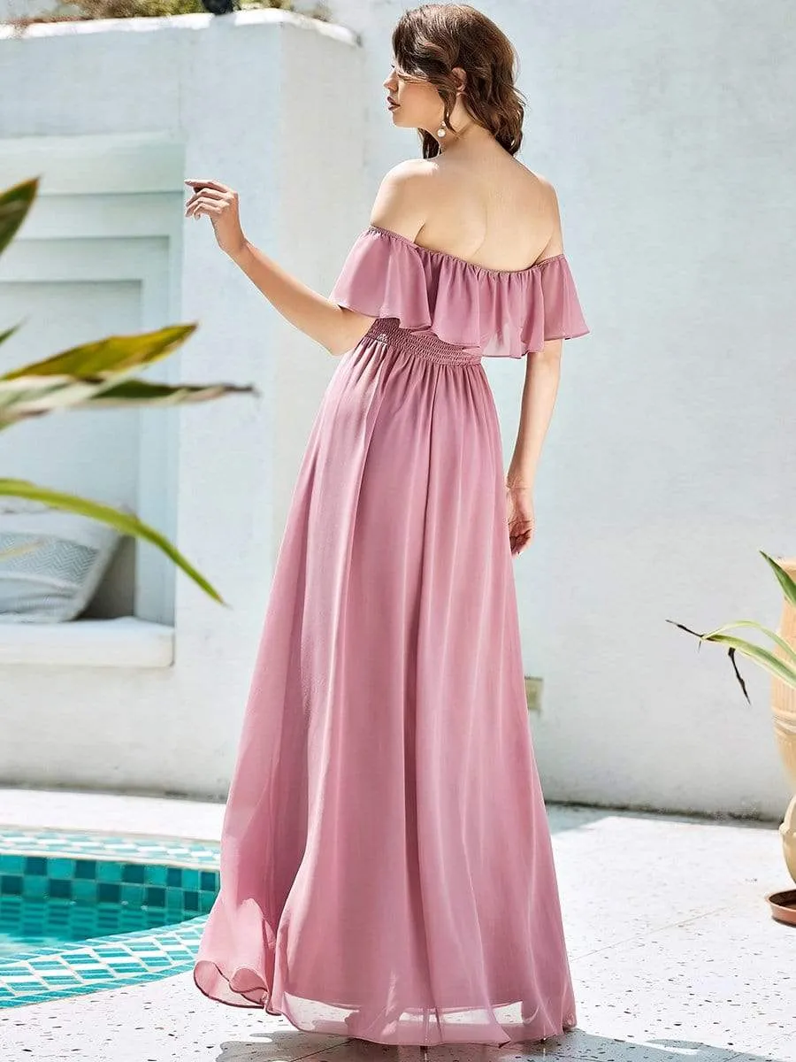 Women's Off Shoulder Ruffle Thigh Slit Bridesmaid Dresses