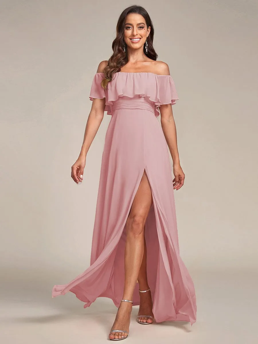 Women's Off Shoulder Ruffle Thigh Slit Bridesmaid Dresses