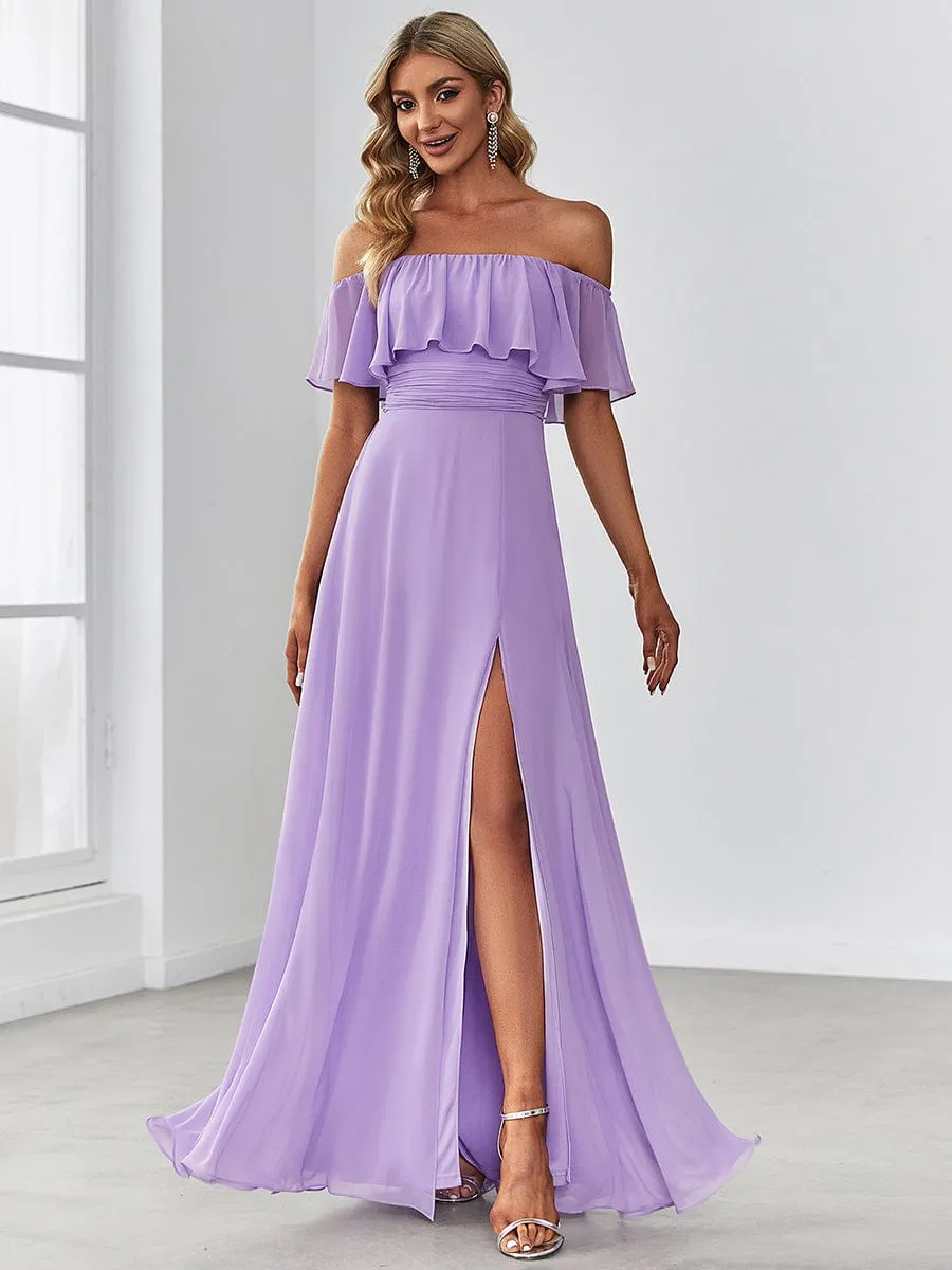 Women's Off Shoulder Ruffle Thigh Slit Bridesmaid Dresses