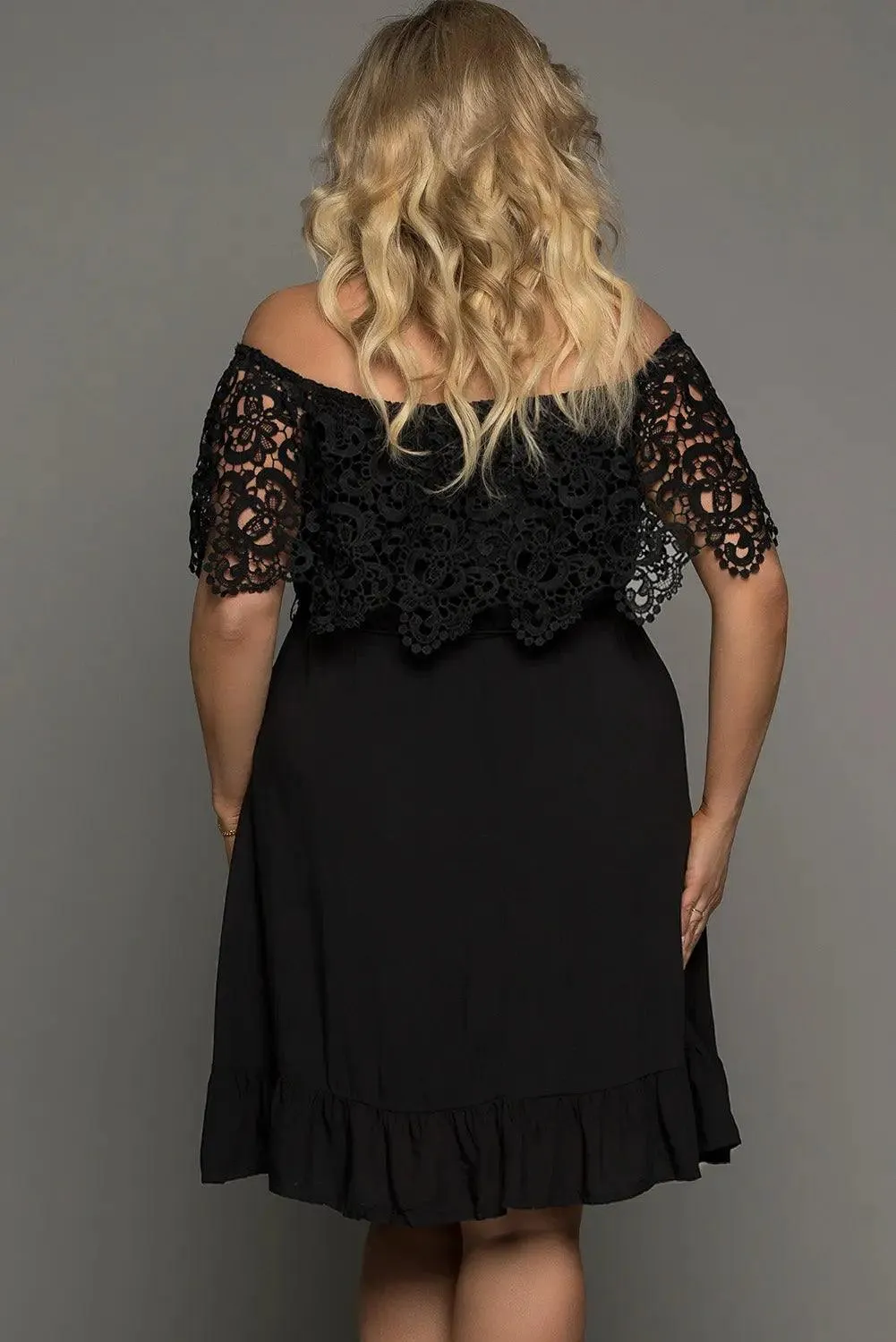 Women's Plus Off-shoulder Lace Tie Black Dress