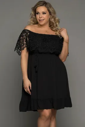 Women's Plus Off-shoulder Lace Tie Black Dress