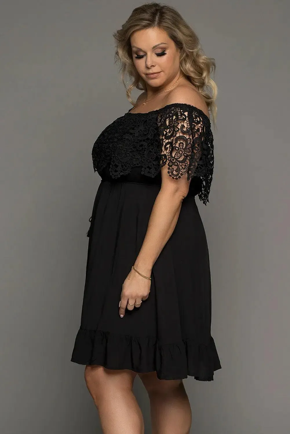 Women's Plus Off-shoulder Lace Tie Black Dress