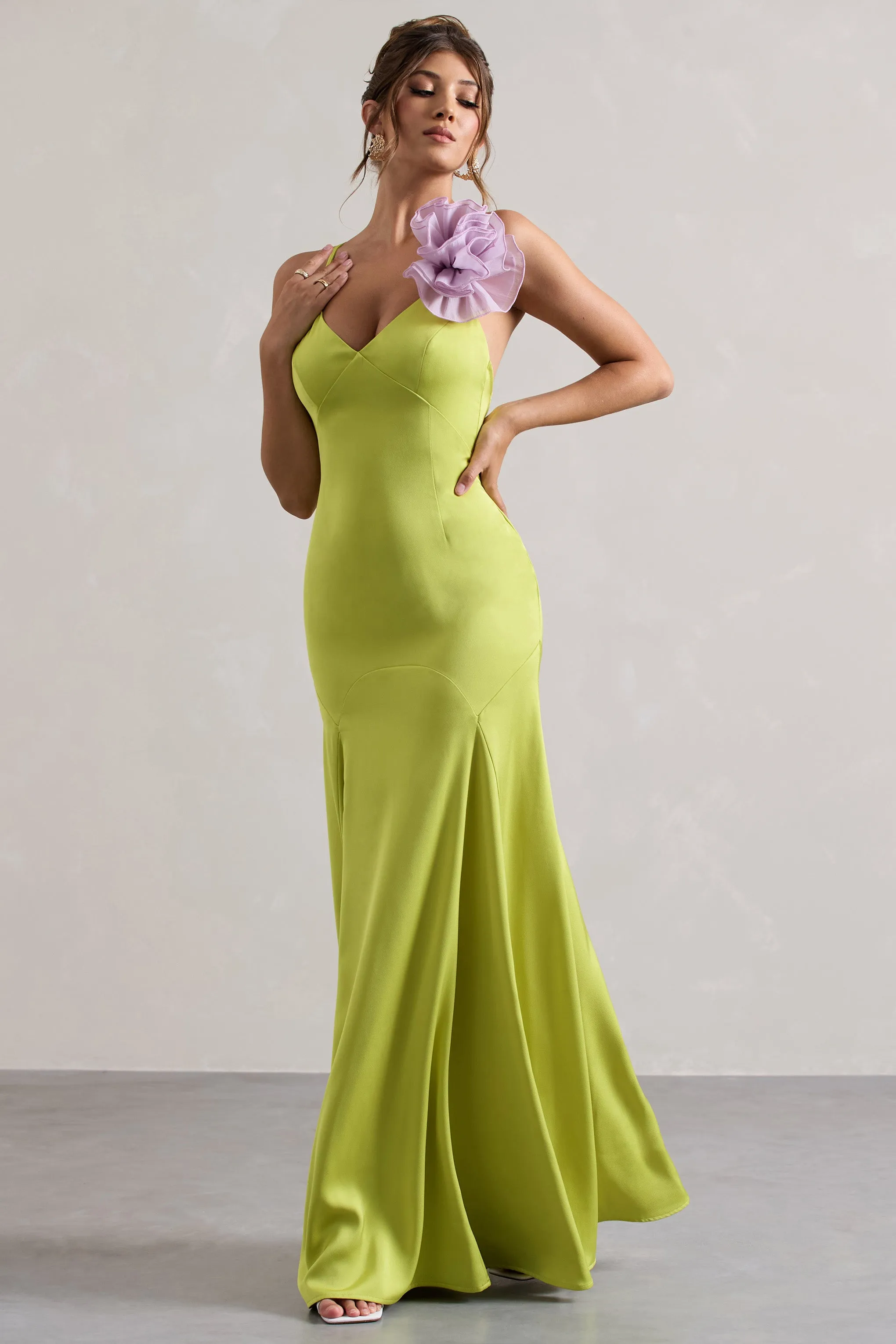 Zamora | Lime Green Plunge-Neck Fishtail Maxi Dress With Corsage